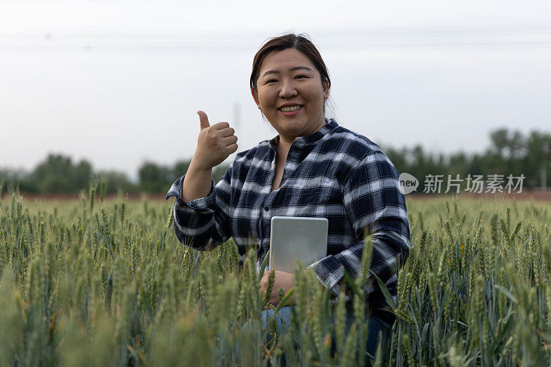 一位女农民手里拿着一块碑，站在一片广阔的绿色麦田里