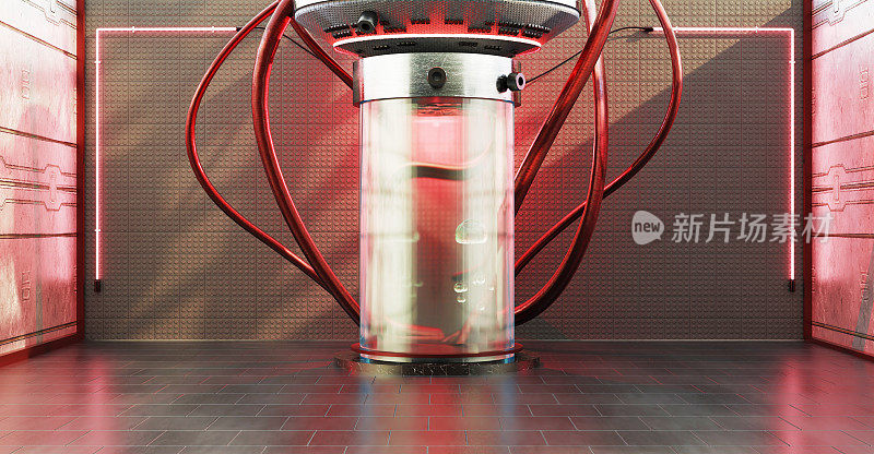 低温胶囊冬眠冷冻胶囊玻璃管冷冻液体冬眠科幻传送科学技术冷冻足类动物冷冻足类动物实验室设备实验室场景3D插图