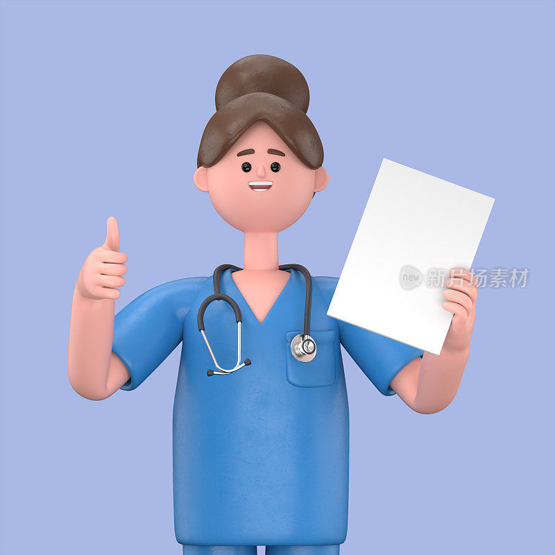 女医生玛丽的三维插图拿着标书，大拇指向上，医学演示剪贴画在蓝色背景上隔离