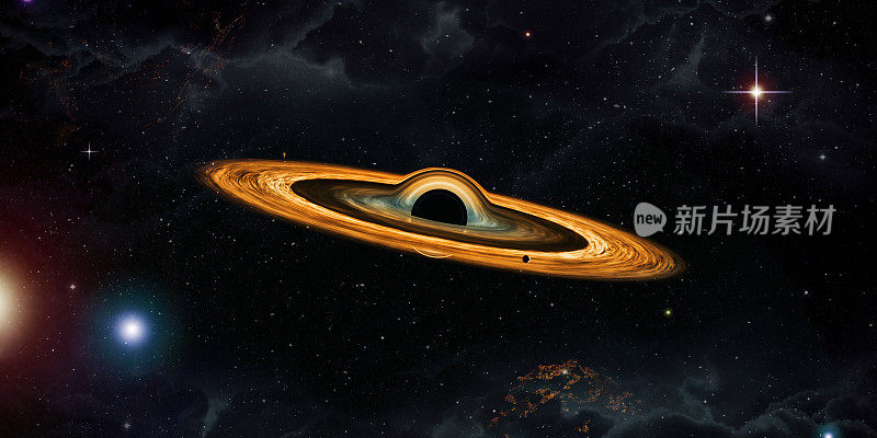 黑洞发出近距离的霍金辐射黑洞的视界扭曲的重力场时间是弯曲的类星体引力扭曲时空是弯曲的宇宙背景三维插图