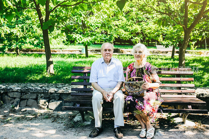 漂亮的老夫妇坐在公园的长椅上。奶奶和爷爷拥抱着，微笑着。金婚纪念日快乐。奶奶和爷爷的浪漫照片。真正的爱。