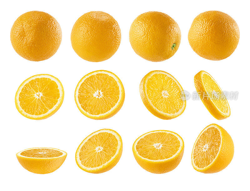 多汁的橙子收藏。整片，半片，圆片水果特写，不同侧面，孤立在白色背景上，工作室。热带新鲜柑橘类水果-广告，卡片，海报的设计元素。