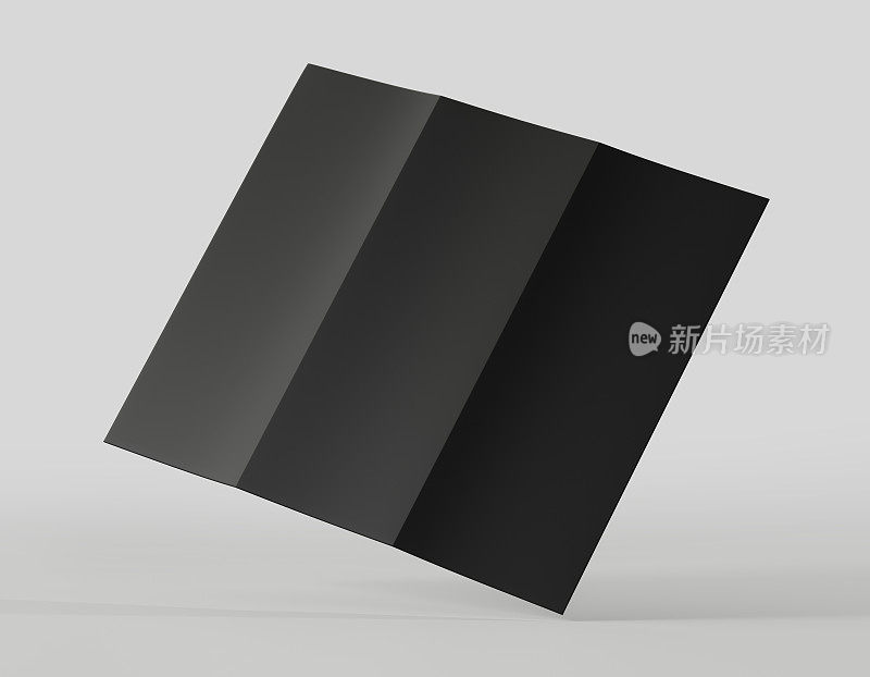 黑色A4三叠纸小册子模型，空白模板，传单，小册子，传单，小册子，目录空模型，3D渲染孤立在一个轻背景