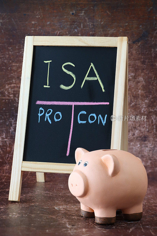 木制a框板板黑板的特写图像，表面是陶瓷的小猪储蓄罐，用粉笔写着“ISA”(个人储蓄账户)的标题和空白的“优点”和“缺点”(优点和缺点)栏，棕色背景