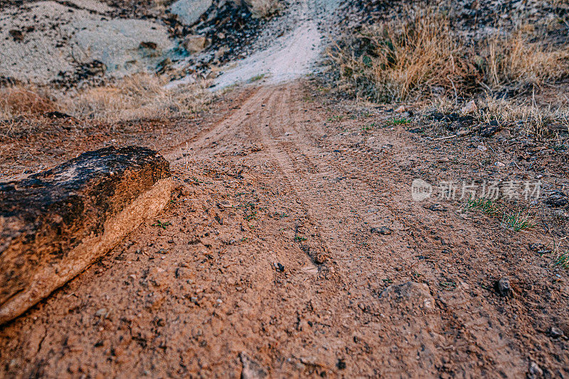 低广角拍摄的新鲜山地自行车轨道在泥土