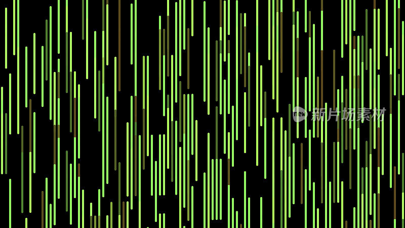 抽象的绿色短窄线条从底部流动到顶部的黑色背景上，无缝循环。动画。氖平行条纹移动缓慢