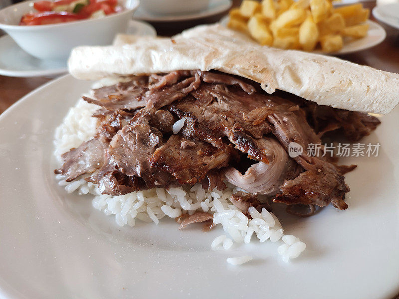 传统土耳其烤肉串与饭抓饭在伊斯坦布尔土耳其