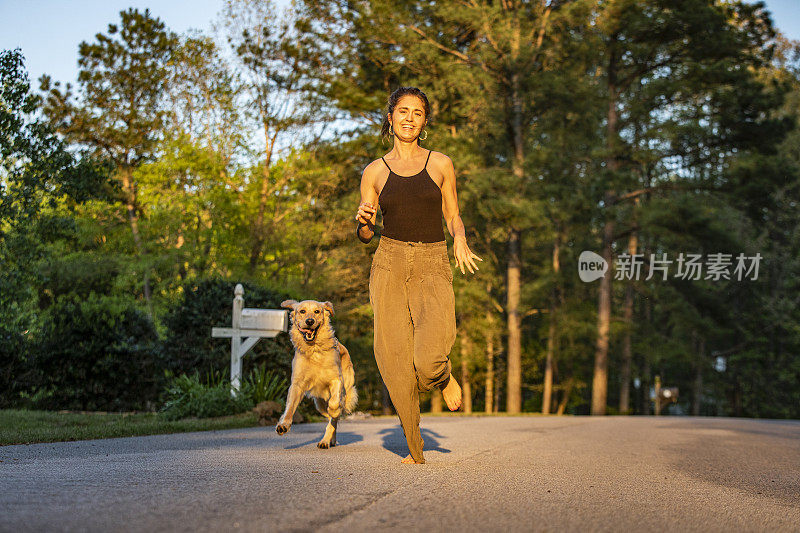 快乐的年轻女子与家庭宠物金毛猎犬在明亮的金色阳光下奔跑