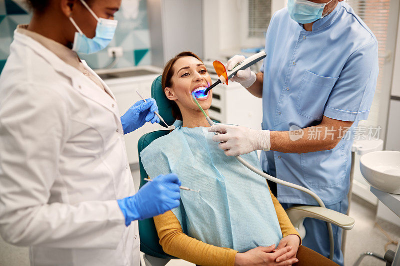 年轻女子在牙科诊所用牙科紫外线灯做牙科手术。