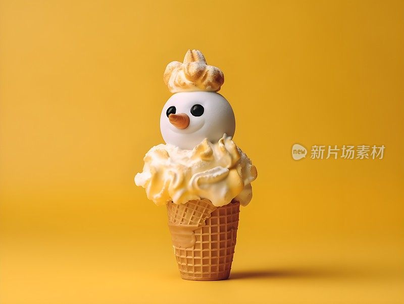 雪人冰淇淋在黄色孤立的背景。夏天的概念。三维渲染