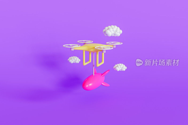 3d插图无人机与导弹发射器在紫色背景