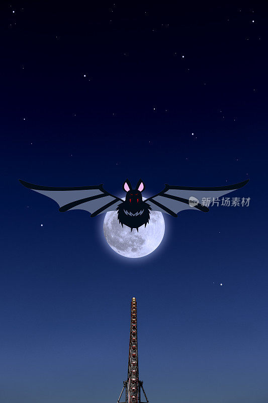 蝙蝠在摩天轮升起的超级月亮上飞行