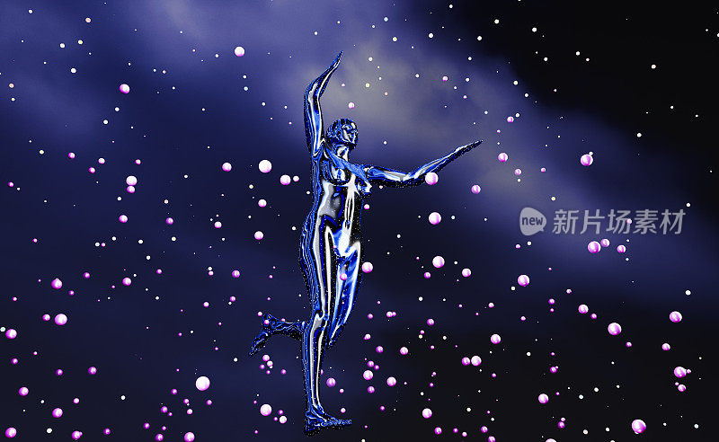 蓝色金属女性机器人在夜空下跳瑜伽舞
