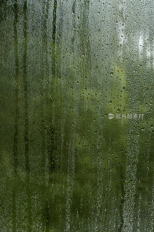 凝结在窗玻璃上的水滴，绿色自然抽象的背景