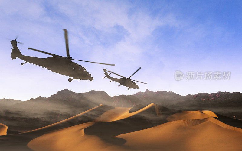 军用直升机在沙漠上空飞行