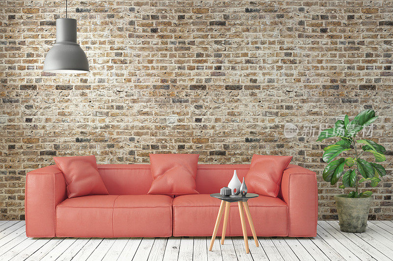时髦的现代室内客厅，红色沙发和砖墙