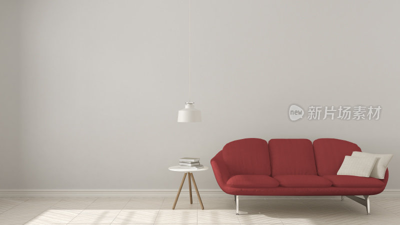 斯堪的纳维亚极简主义背景，配红色沙发人字形天然拼花地板，室内设计