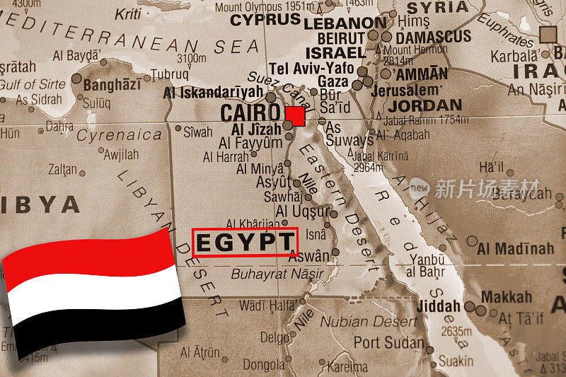 中东国家地图。关注埃及开罗。国旗。
