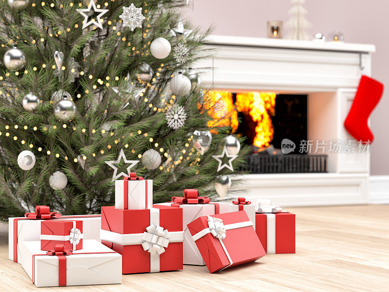 圣诞树，礼物和袜子靠近壁炉