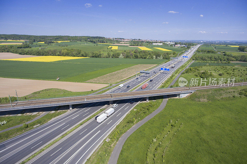 多车道公路和铁路的鸟瞰图