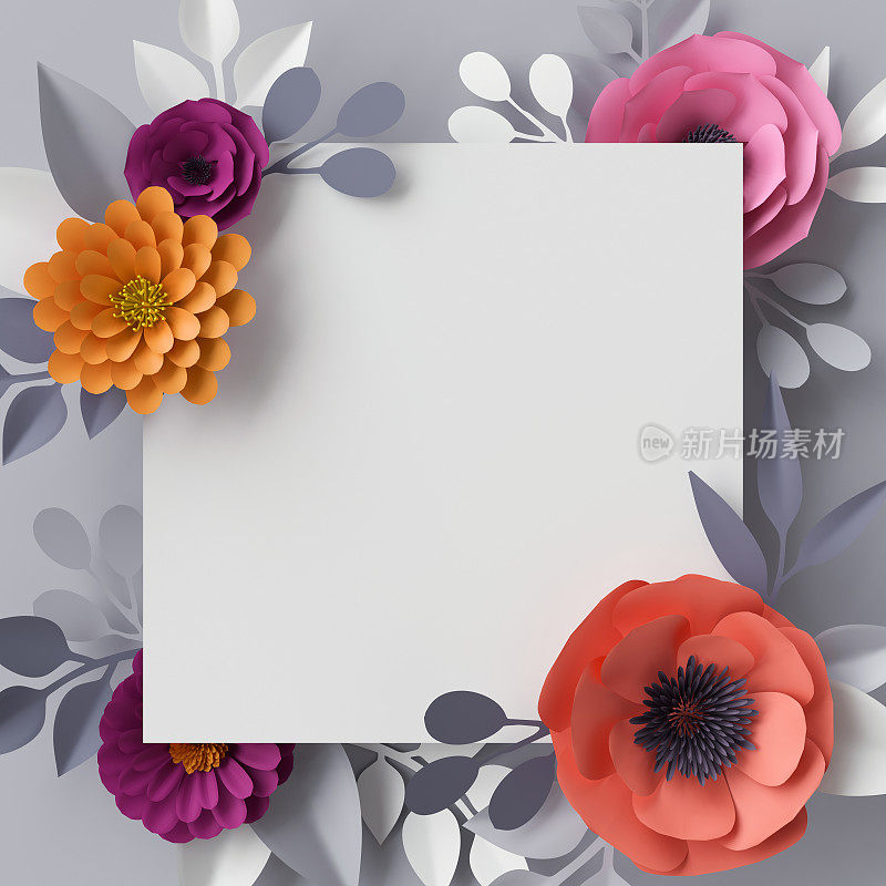 3d渲染，抽象纸花，花卉背景，空白方形框架，贺卡模板