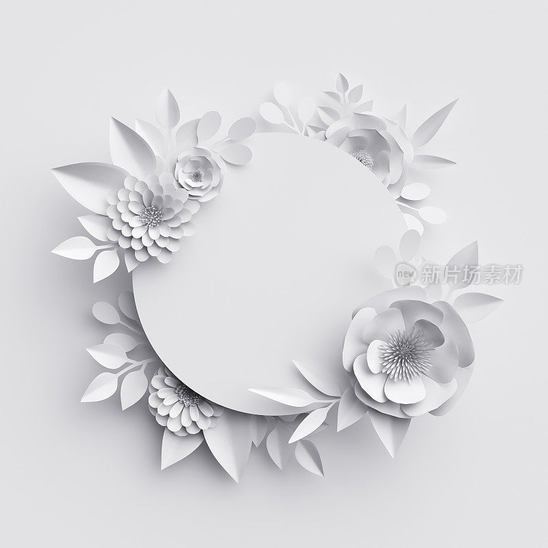 3d渲染，抽象的白纸花，圆形框架，花卉背景，装饰，贺卡模板，空白横幅