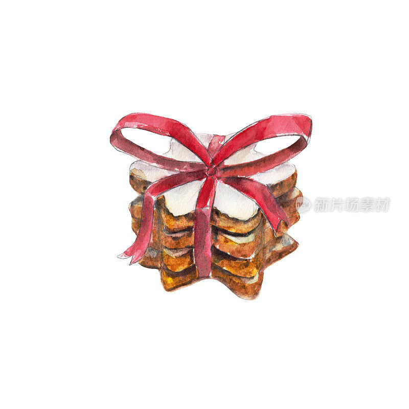 饼干堆红色丝带和一个蝴蝶结孤立在白色背景，水彩插图手绘风格。