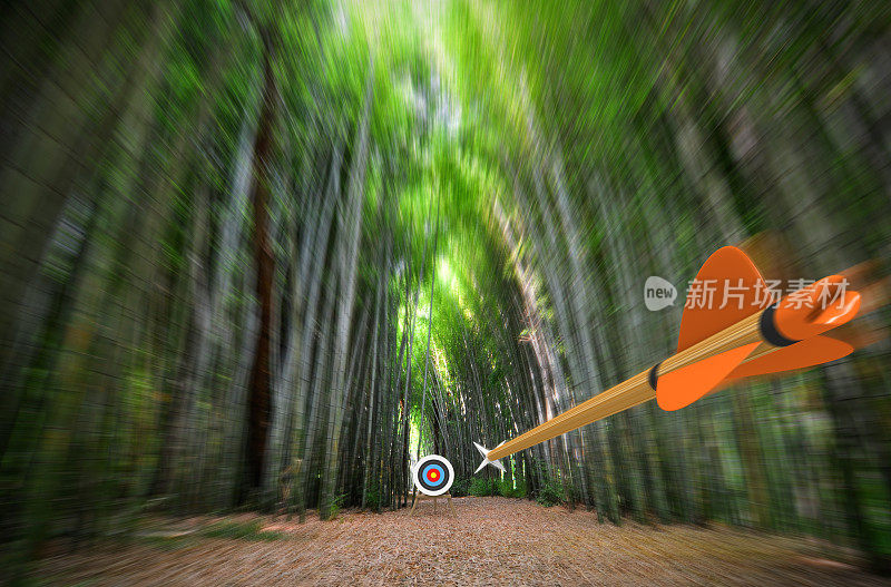 高速箭在模糊的竹林中飞行，对焦目标，部分照片，部分3D渲染