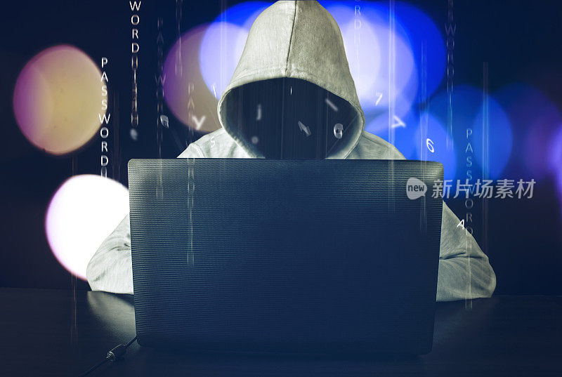 黑客使用笔记本电脑。黑客攻击网络。