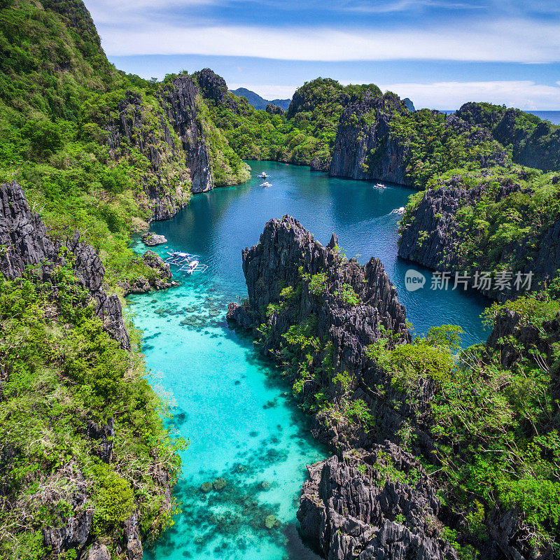 埃尔尼多，巴拉望，菲律宾，美丽的泻湖和石灰岩悬崖鸟瞰图