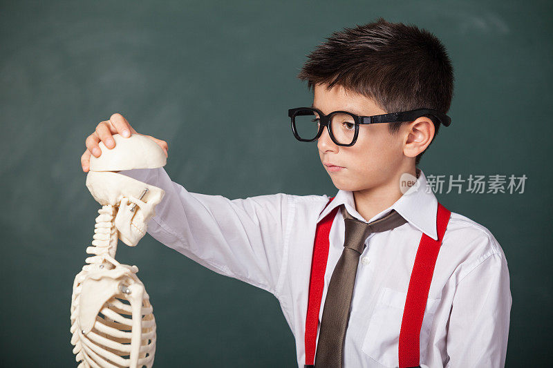 衣冠楚楚的小男孩学习人体解剖学的肖像