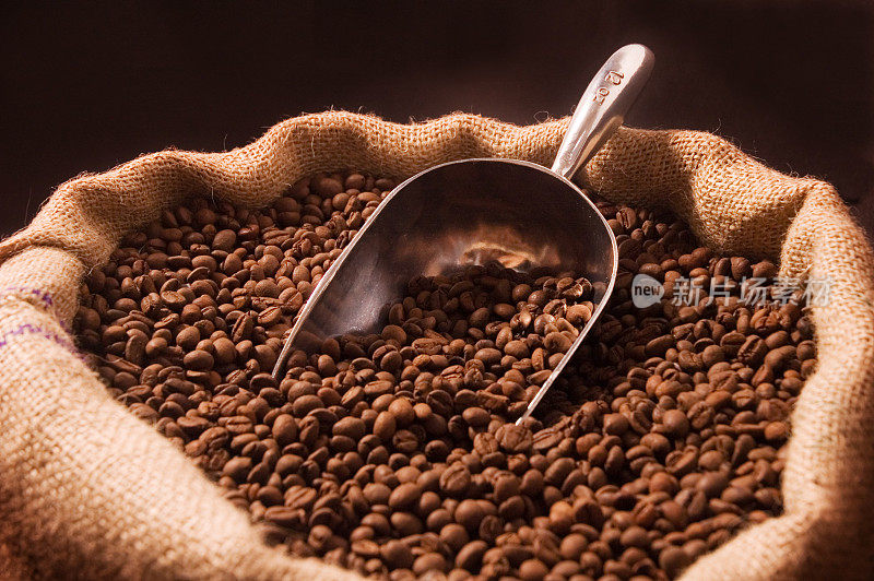 一勺咖啡豆装在一个敞开的粗麻袋里