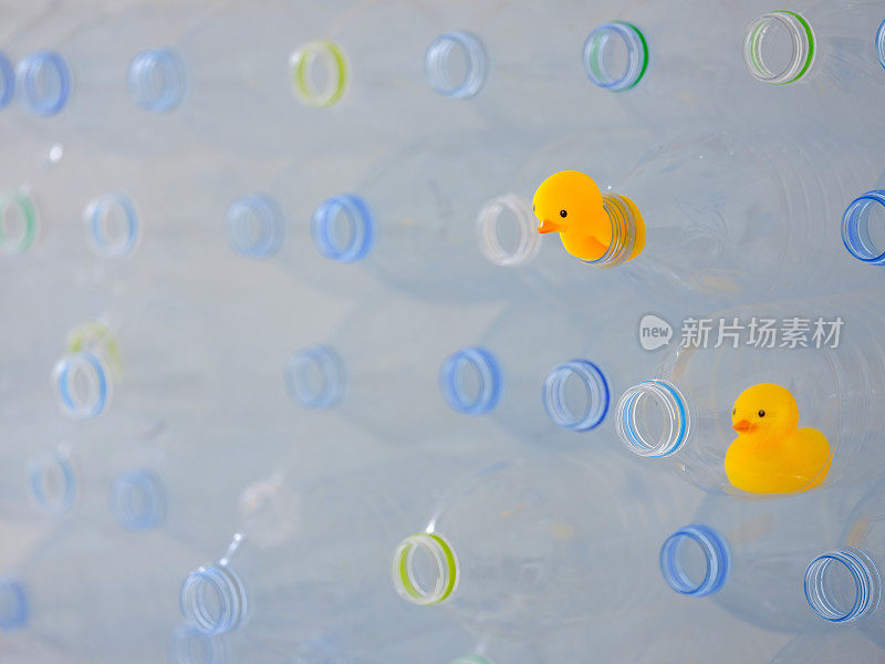 黄色橡皮鸭被困在一个空塑料饮水瓶的顶部，试图逃脱，在一堆其他塑料净化饮水瓶，另一只鸭子在其中一个瓶子，保留回收利用。
