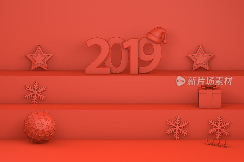 2019年新年，楼梯上有圣诞帽，红色背景上有简约圣诞概念