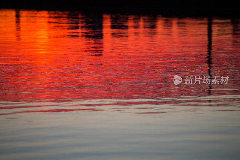 红红的日出映在湖面上