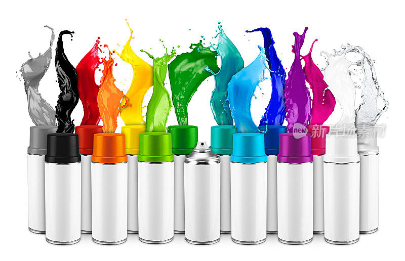 排多种喷雾器可喷涂彩色彩虹漆液，颜色飞溅爆炸隔离白色背景。工业diy喷漆涂鸦概念。
