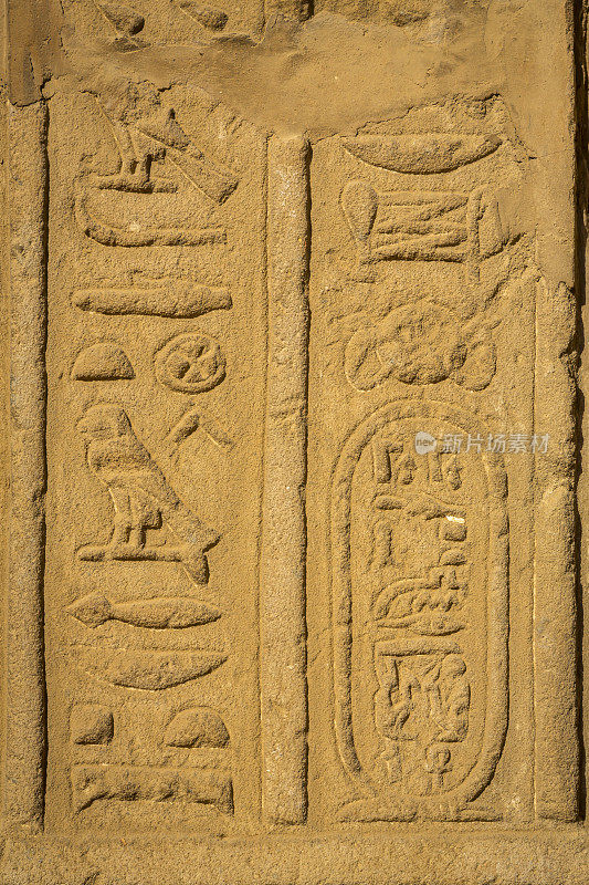 古埃及象形文字在荷鲁斯庙的墙上，在Edfu，埃及
