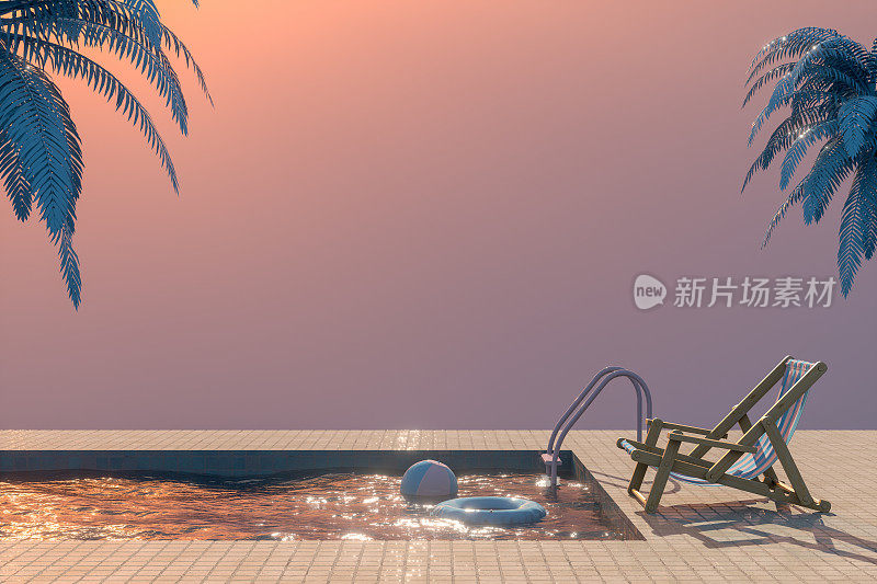 夏季概念游泳池，沙滩椅和棕榈树