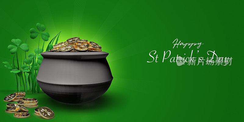 圣帕特里克节卡与宝的小精灵，装满金币，三叶草在绿色的背景