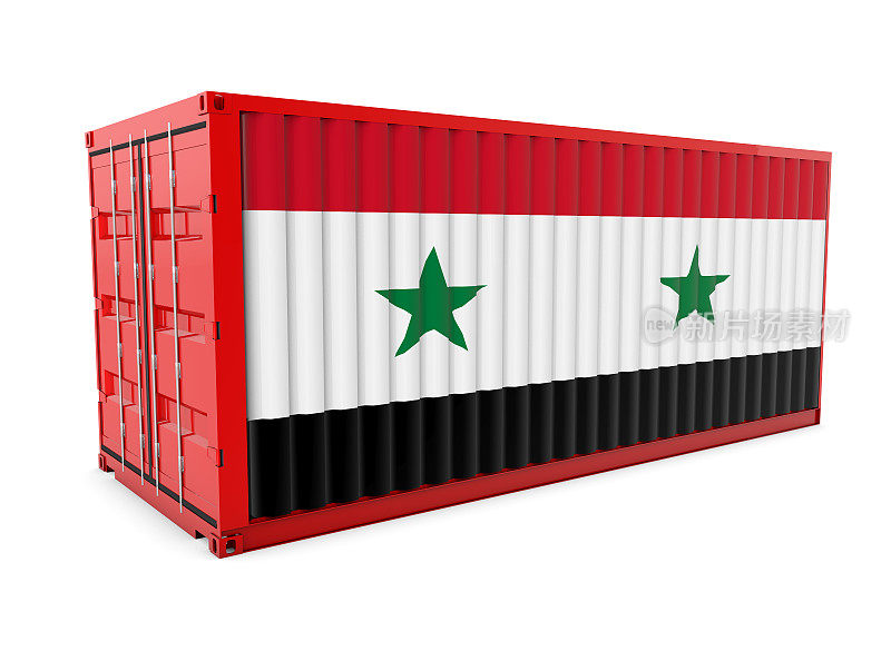 一个货运集装箱的3d渲染与叙利亚国旗