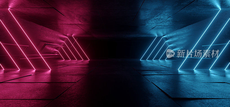 霓虹网络合成灯发光线光束激光舞台展示紫蓝色金属混凝土地下科幻未来主义舞蹈俱乐部飞船黑夜背景3D渲染