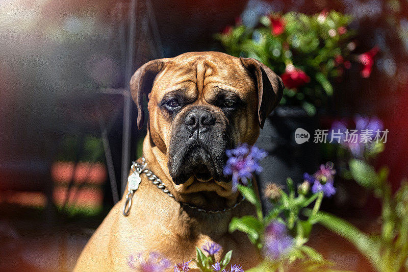 斗牛獒犬坐在户外