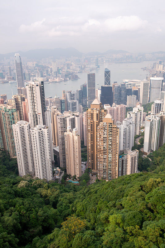 建筑连接，道路和桥梁。从太平山顶俯瞰香港天际线。香港