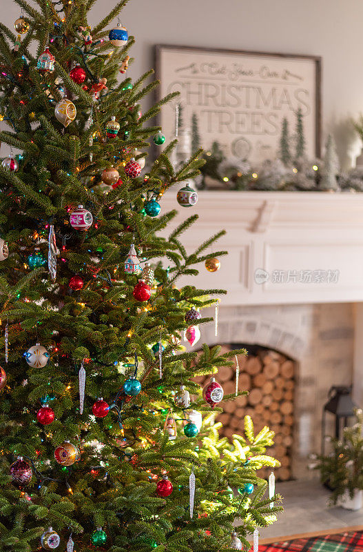 客厅里有一棵圣诞树，上面装饰着复古的装饰品