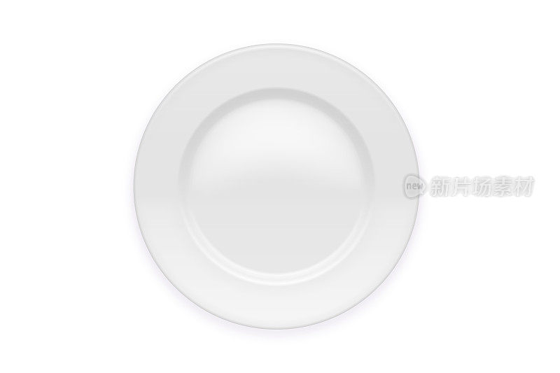 白色板孤立在白色背景上。厨房菜肴，厨房，瓷器餐具。陶瓷空圆盘碗为您的产品，餐具设计元素。俯视图