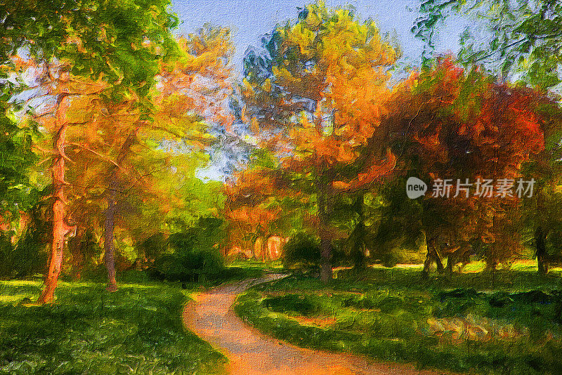 描绘夏季公园的油画山水画