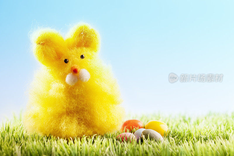 复活节兔子和糖果蛋在草地上