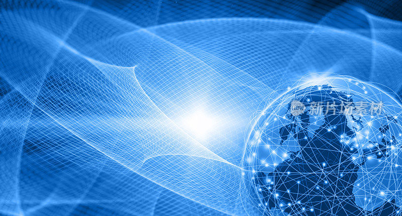 以蓝色空间为背景，通过计算机网络连接世界