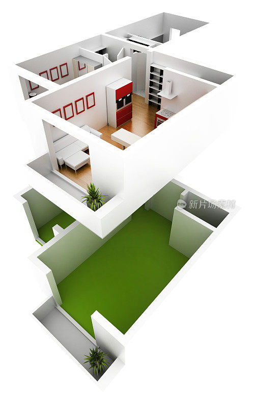 有家具的白色隔离公寓(3d模型)