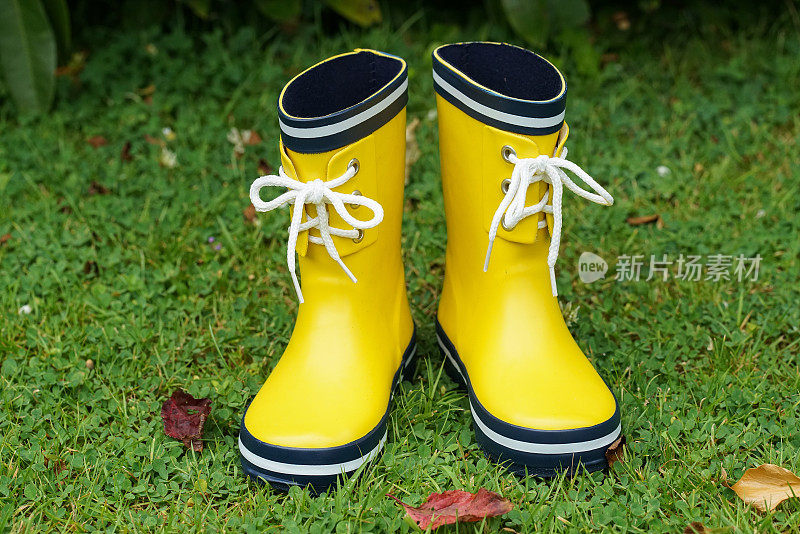黄色的橡胶靴子在花园里